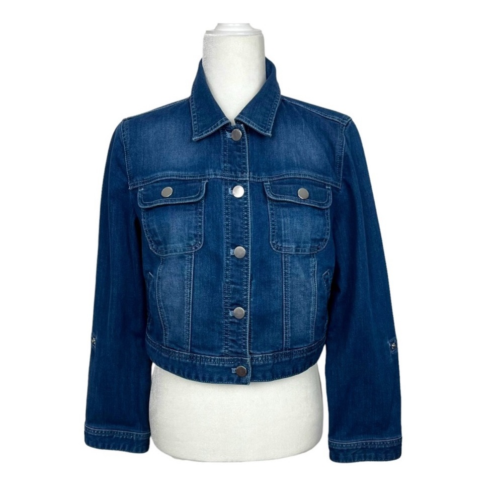 Chico’s Platinum Long Sleeve Collar Denim Jean Jacket Button Up Women Medium 1